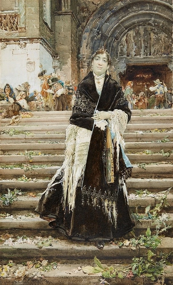Donna spagnola che scende i gradini della Cattedrale di Santiago de Compostela